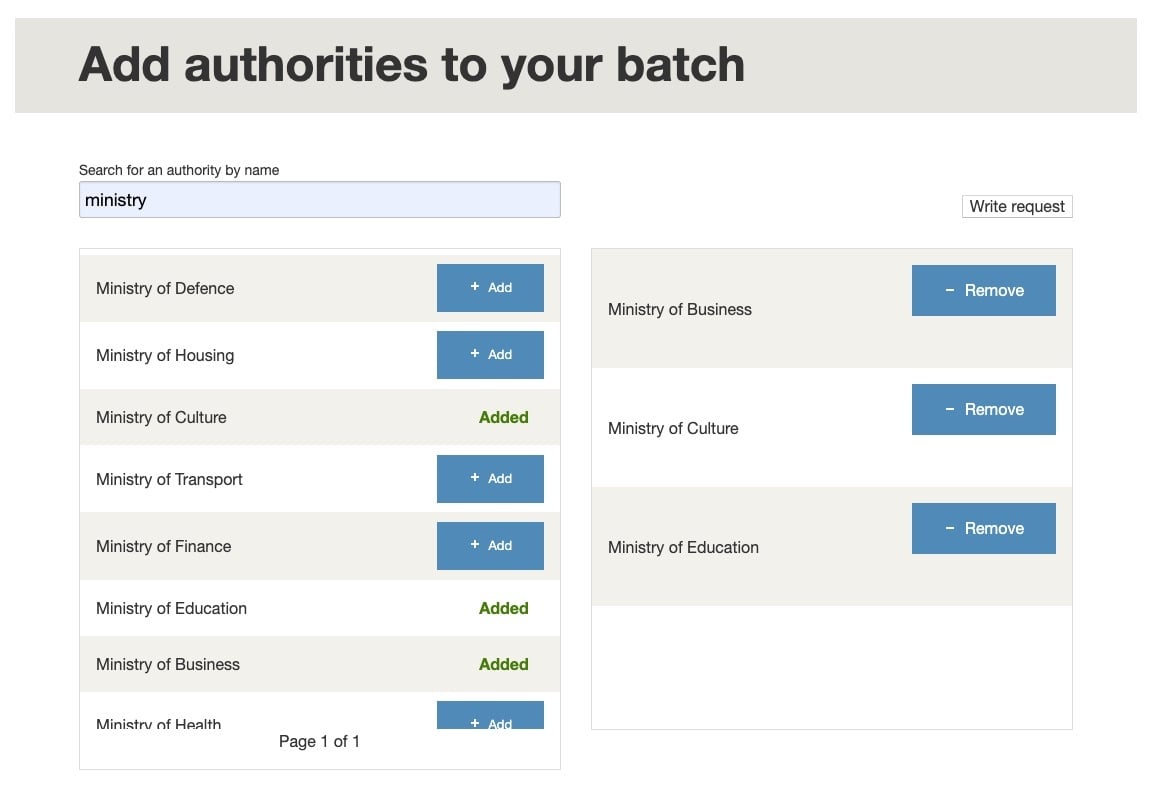 Select authorities for a batch